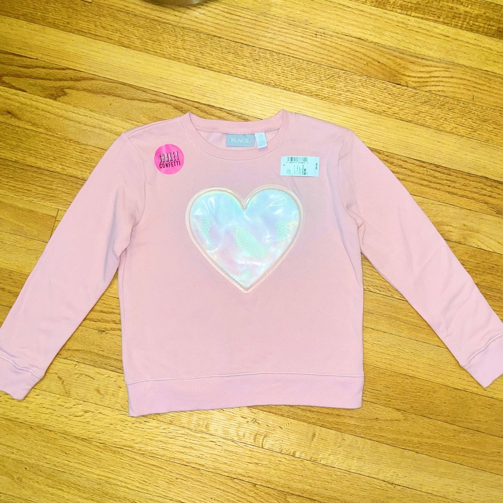Children’s Place Pink Sweater With Heart filled With Confetti Pearls.